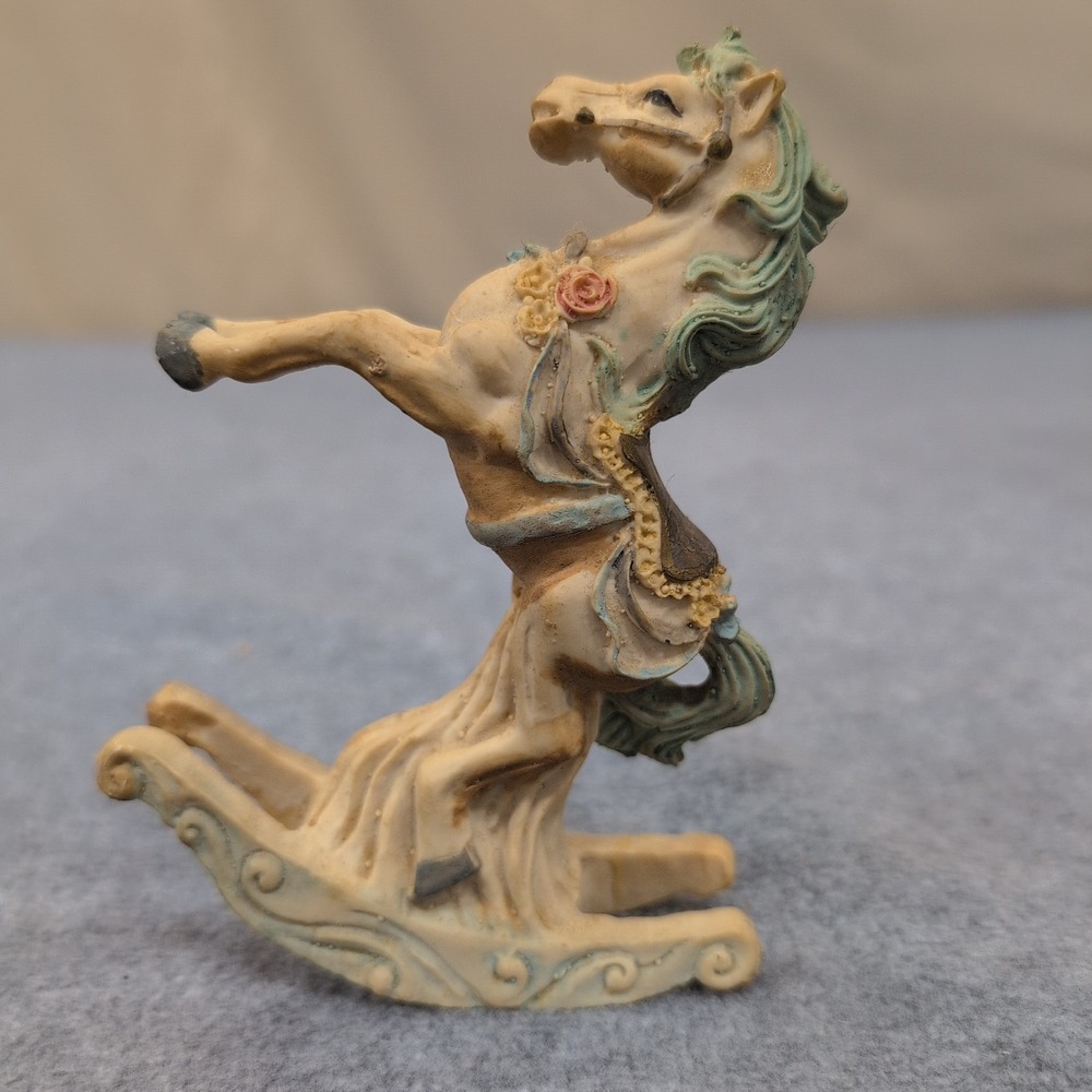 Decorative Rocking Horse Figurine Blue Bow Floral Accents Beige Mint Green - Picture 2 of 4